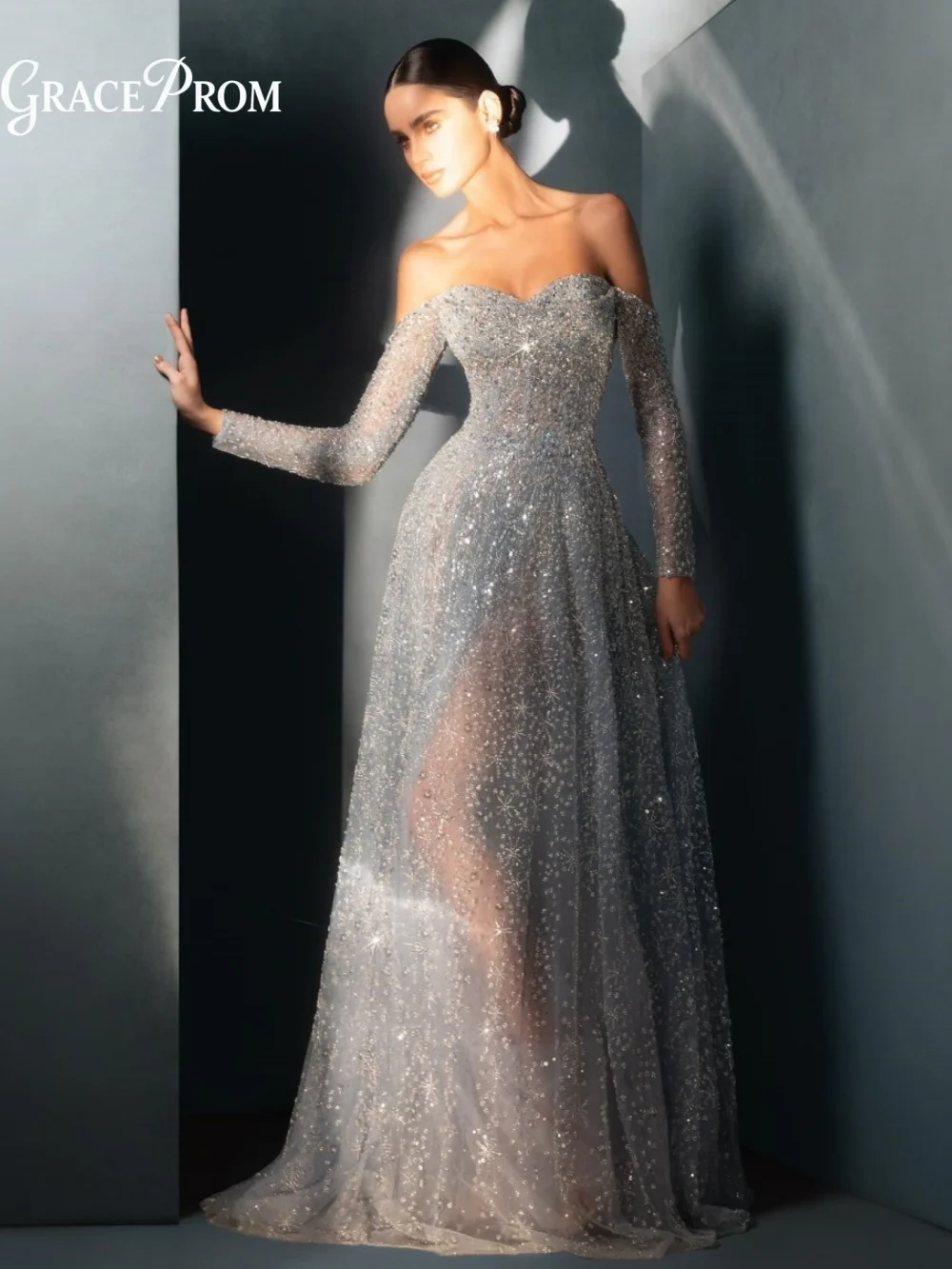 Stunning Off The Shoulder Beaded Evening Gown Long Sleeve A Line Tulle Party Dress Wedding Guest فساتين سهرة Formal Prom Dress