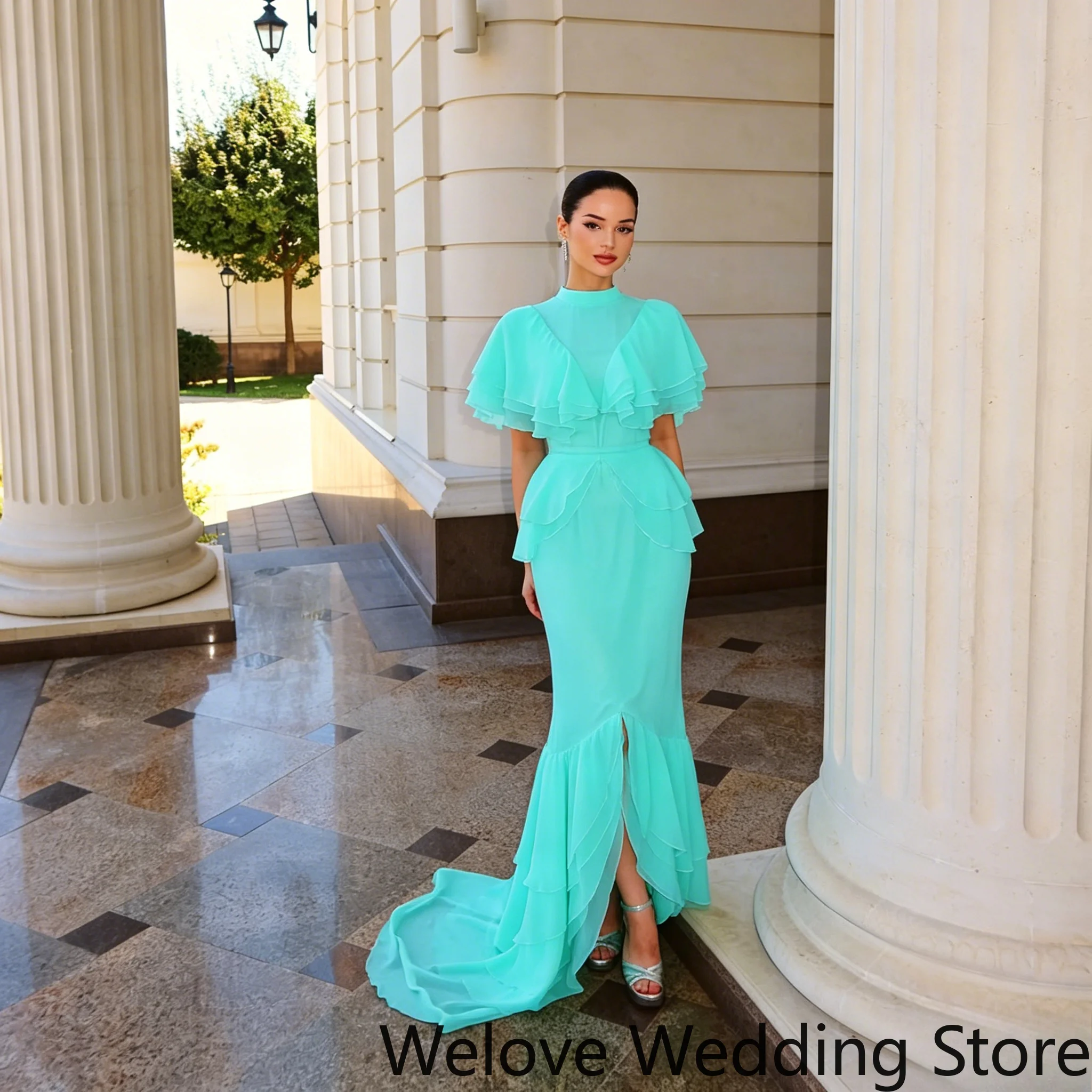 Turquoise Chiffon Mermaid Evening Dress High Neck Flutter Ruffle Sleeves Tiered Irregular Skirt Slim Fit Sweep Train Formal