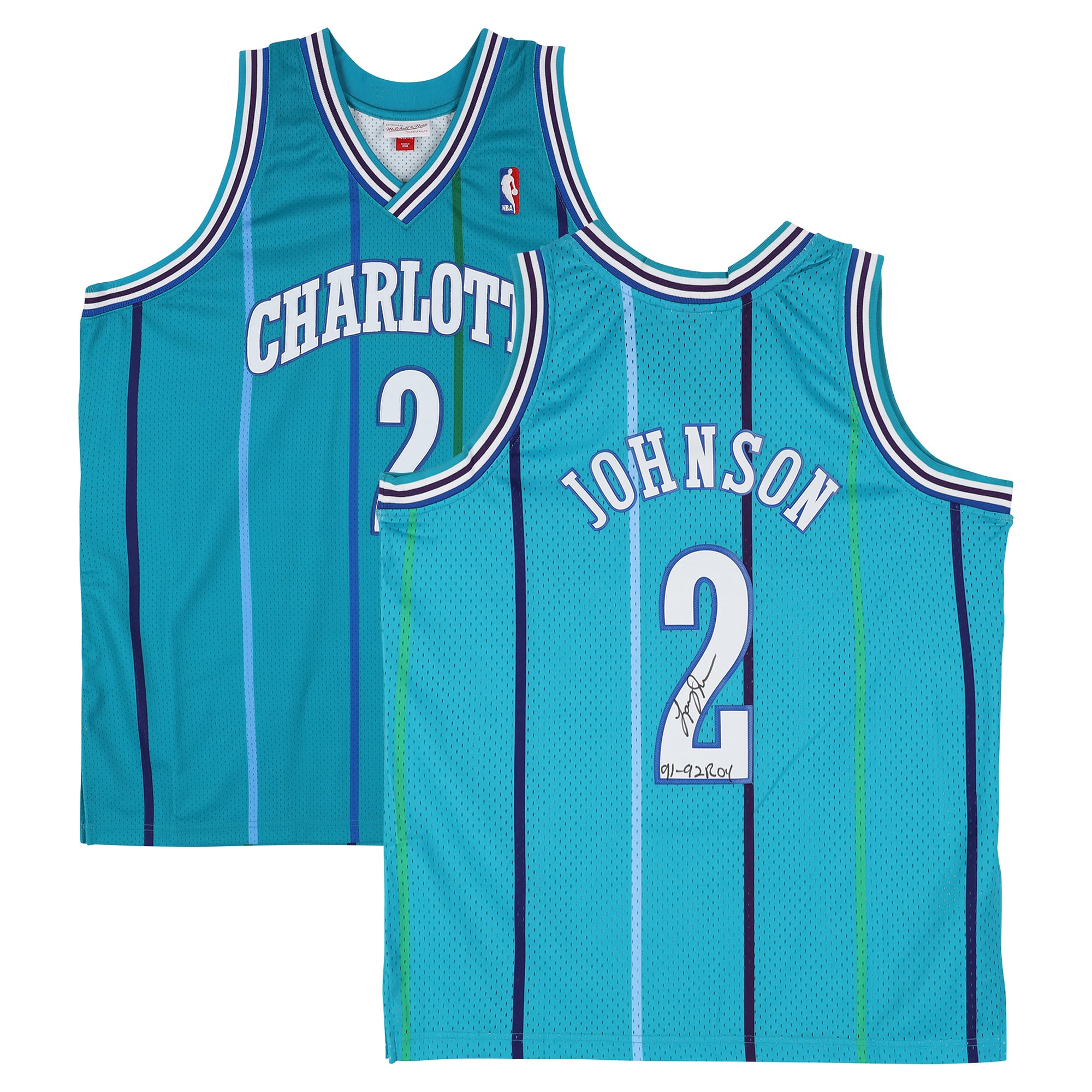 Maillot Swingman Mitchell & Ness turquoise 1992 autographié par Larry Johnson des Charlotte Hornets - No Gender Taille: No Size
