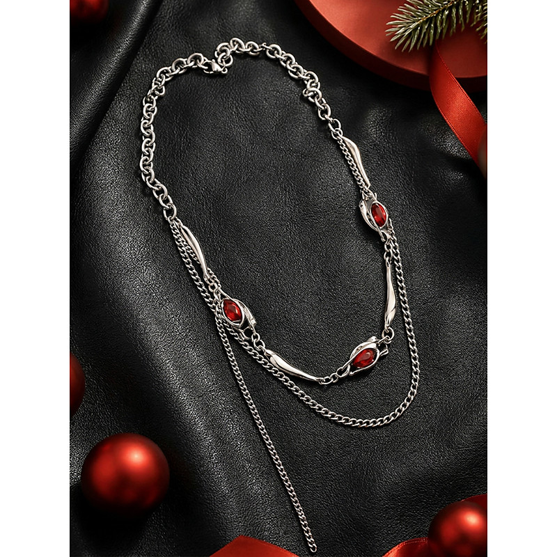 Men's Alloy Black Red Layered Gemstone Necklace, Double Layer Statement Chain Jewelry for Christmas Party, Night Out, Gothic Fashion, Holiday Event Wear