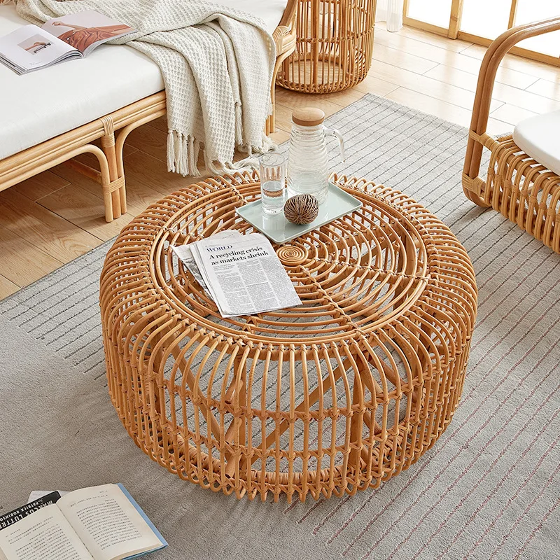 Rattanmöbel, moderner Retro-Couchtisch mit rundem Glas, kleiner Kaffeetisch für Wohnzimmer, Zuhause, schlichter, kreativer Homestay-Couchtisch