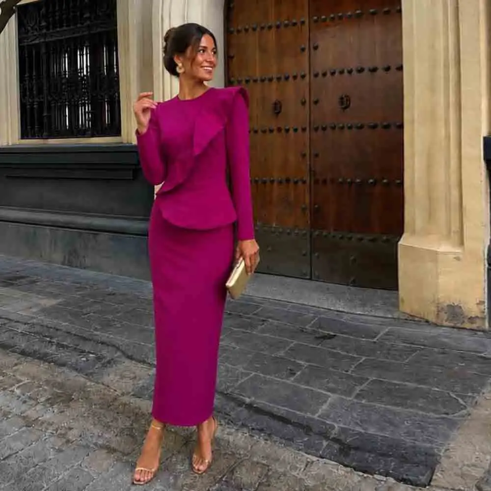 Customized Elegant Bodycon Prom Dress O Neck Long Sleeve Ruffle Peplum Wedding Guest Outfit Midi Length Formal Cocktail Gown