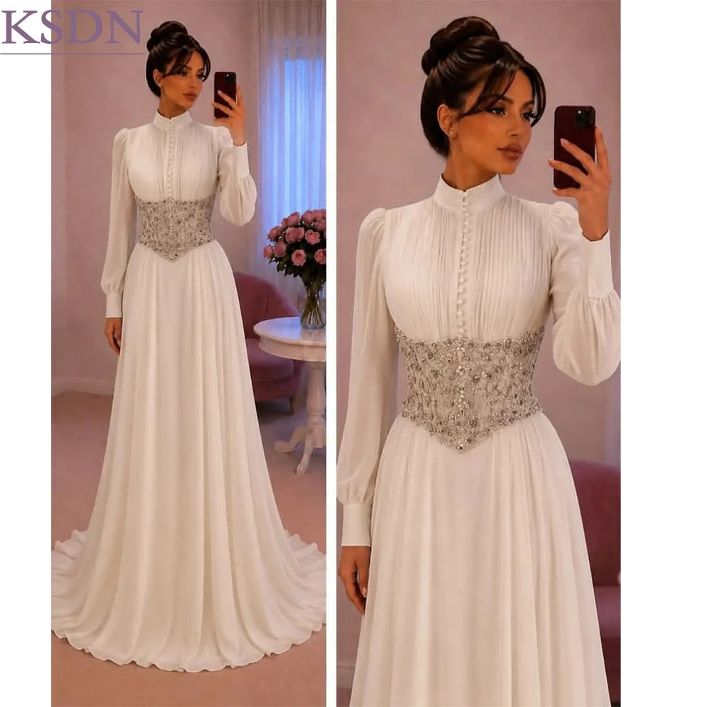Luxury White Chiffon Evening Dresses Elegant Dubai High-Neck Long Sleeve Crystal Sweep Train Mermaid Customzied Draped Gowns