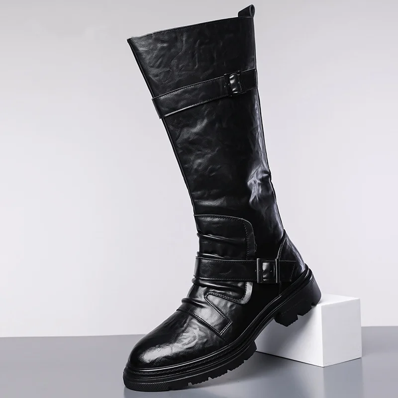 Herren Casual Hip-Hop-Rock-Motorradstiefel, schwarze Designer-Schuhe, Cowboy-Plateaustiefel aus Naturleder, coole lange Ritterstiefel