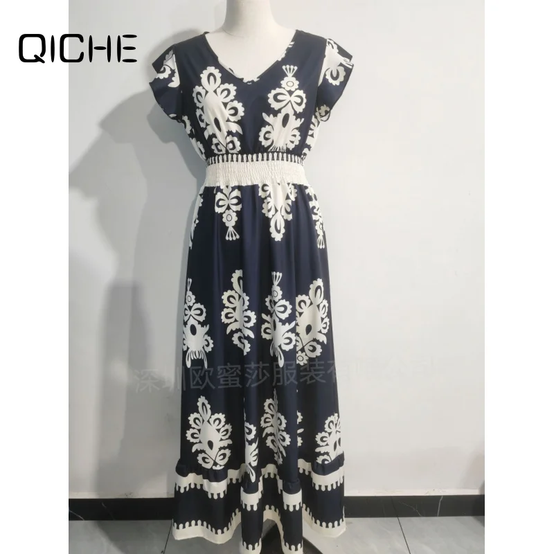 Vêtements pour femmes QICHE, nouvelle robe maxi imprimée à col en V 2026, robe fluide et ample pour les vacances à la plage, vêtements pour femmes, robe pour femmes