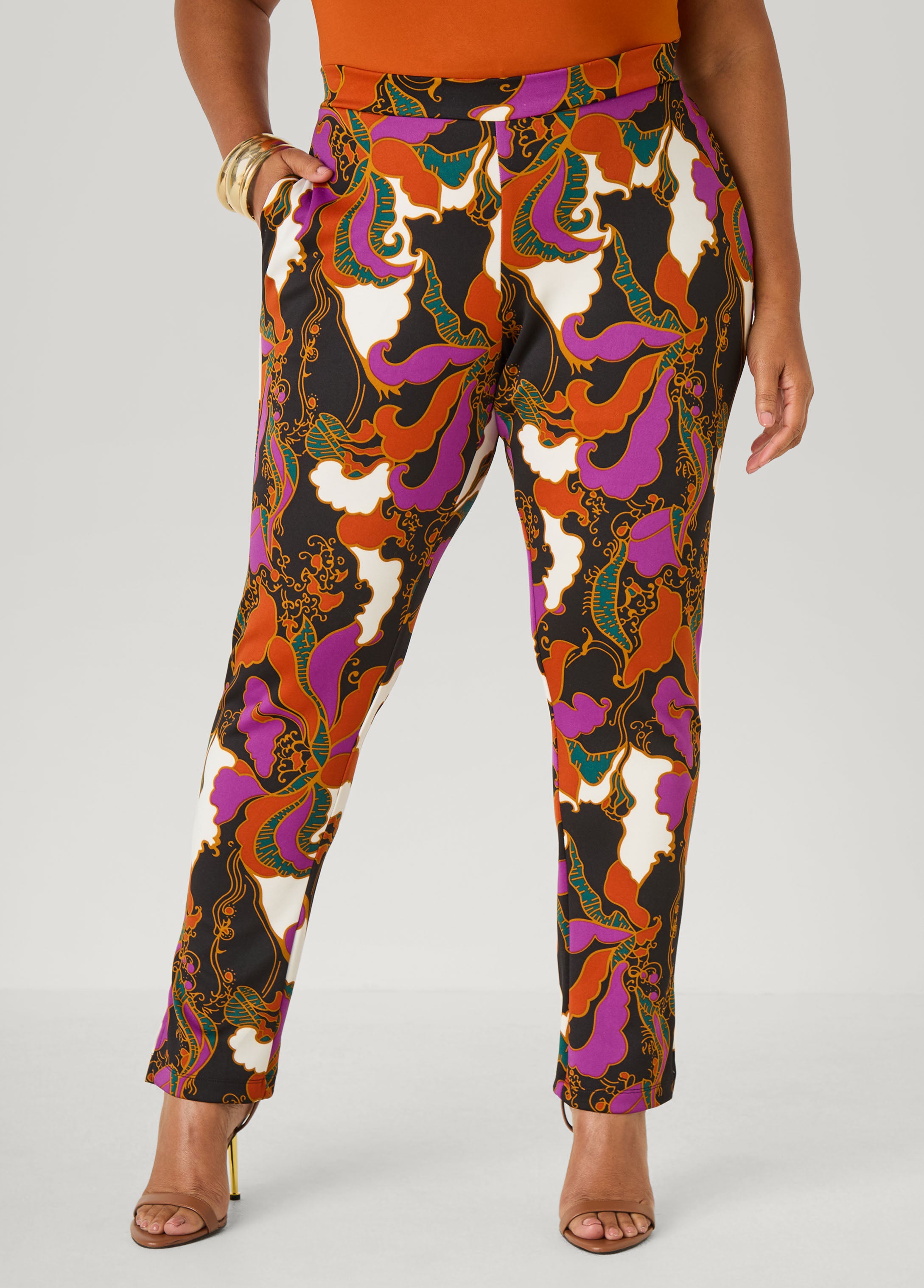 Plus Size Scroll Print Split Ankle Pants