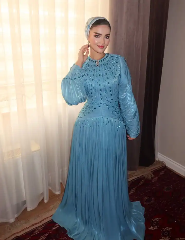 Customized Modest Muslim Evening Dress High Neck Rhinestone Beaded Formal Maxi Gown Flare Pleated Sleeves Birthday Party Gown