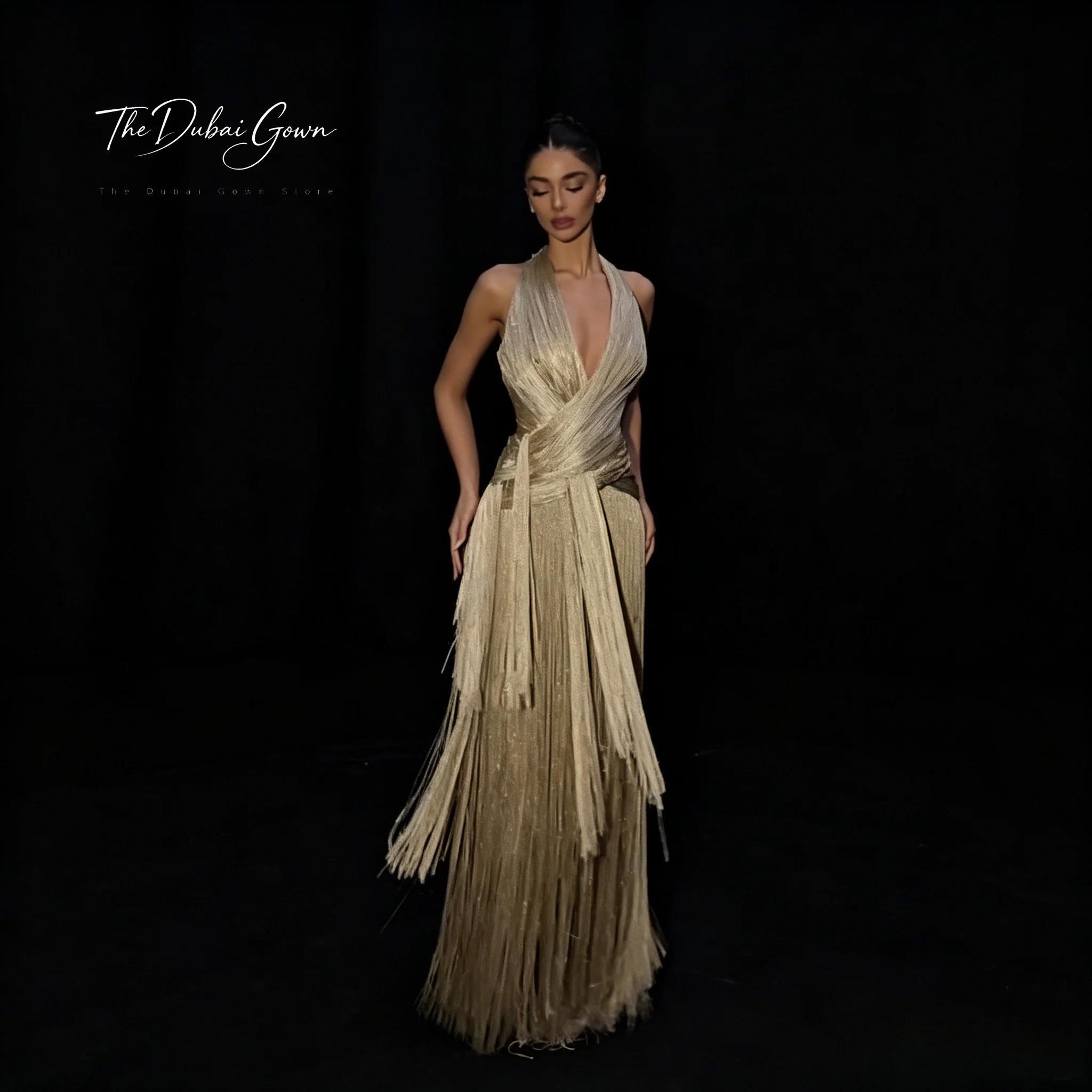 Elegant Champagne Chiffon Gown Halter Neck Strapless Sleeveless Floor Length Formal Evening Prom Dress with Tassel Design