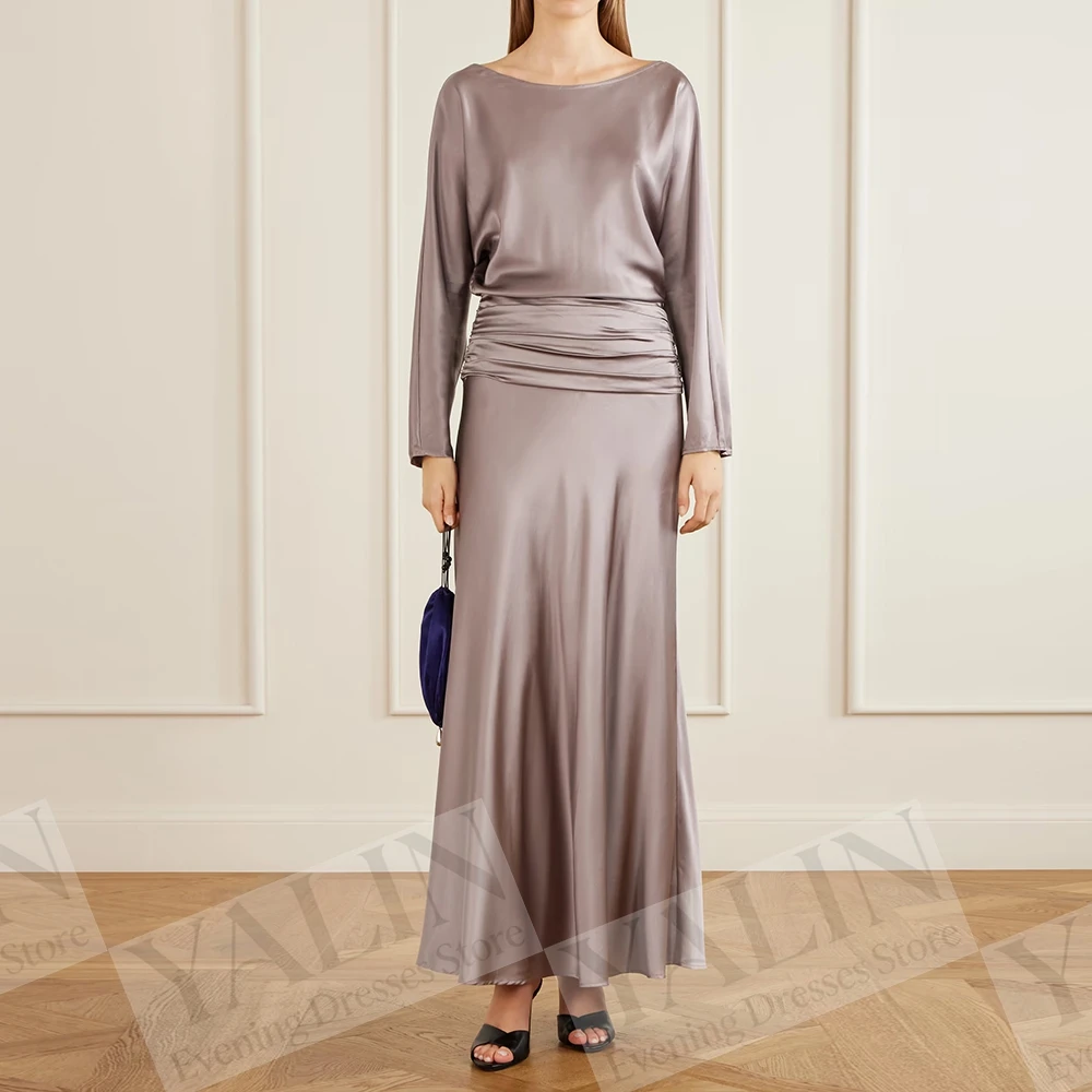 Women's A-line Evening Dresses Ankle-length Scoop-neck Full Sleeve Prom Dresses Fashion Pleat Simple Draped Customized Gowns