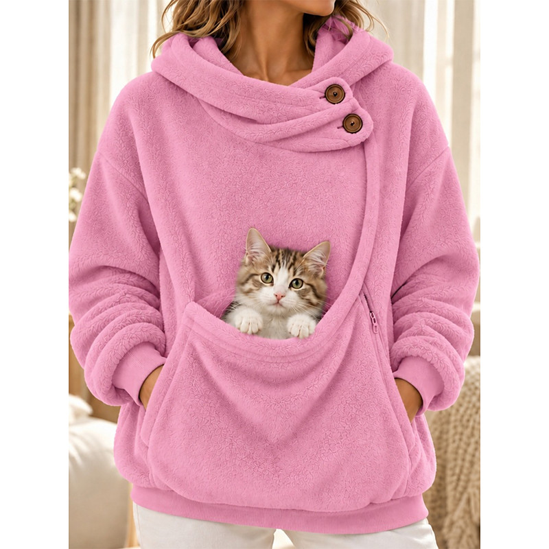 Women's Pet Carrier Hoodie Pet Pouch Hoodie Fleece Plain Casual Long Sleeve Hooded High Neck Regular Tops Ash Black Pink Red Purple Fall Winter