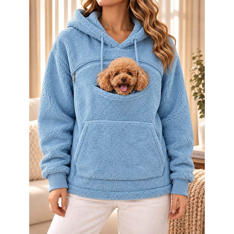 Women's Pet Carrier Hoodie Pet Pouch Hoodie Fleece Drawstring Zip Up Pocket Plain Casual Long Sleeve Hooded High Neck Regular Tops Blue White Ash Black Pink Fall Winter