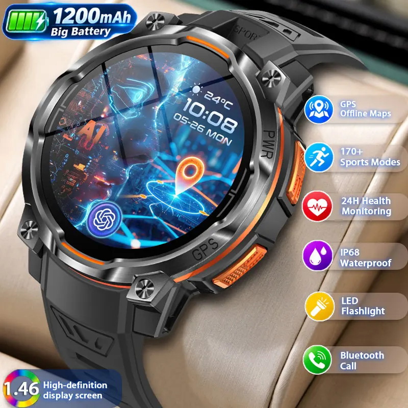 GPS-Outdoor-Smartwatch, 1200 mAh, lange Akkulaufzeit, 5 ATM wasserdicht, Gesundheitsüberwachung, intelligente Erinnerungsfunktion, 107+ Sportmodi