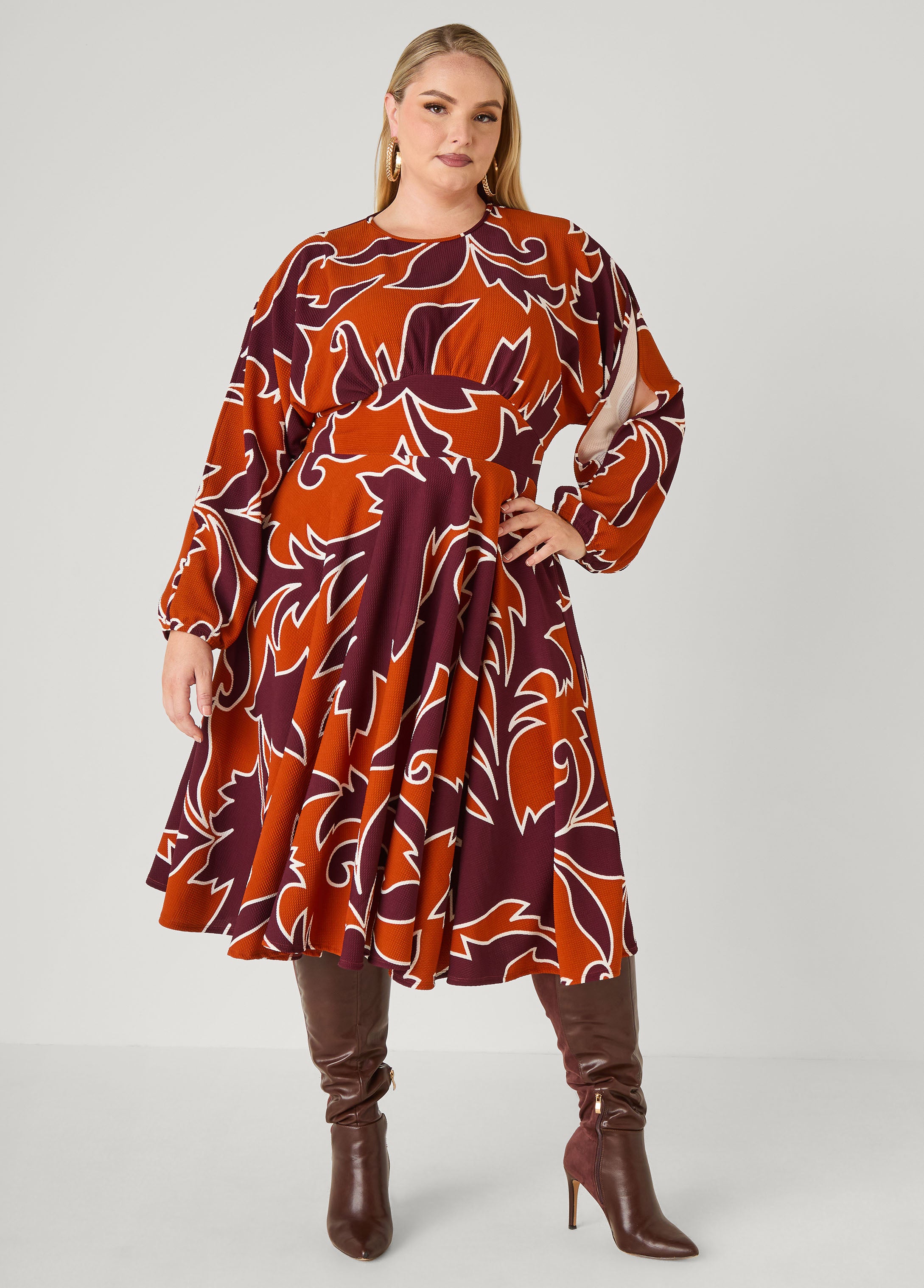Plus Size Floral Split Sleeve A Line Dress