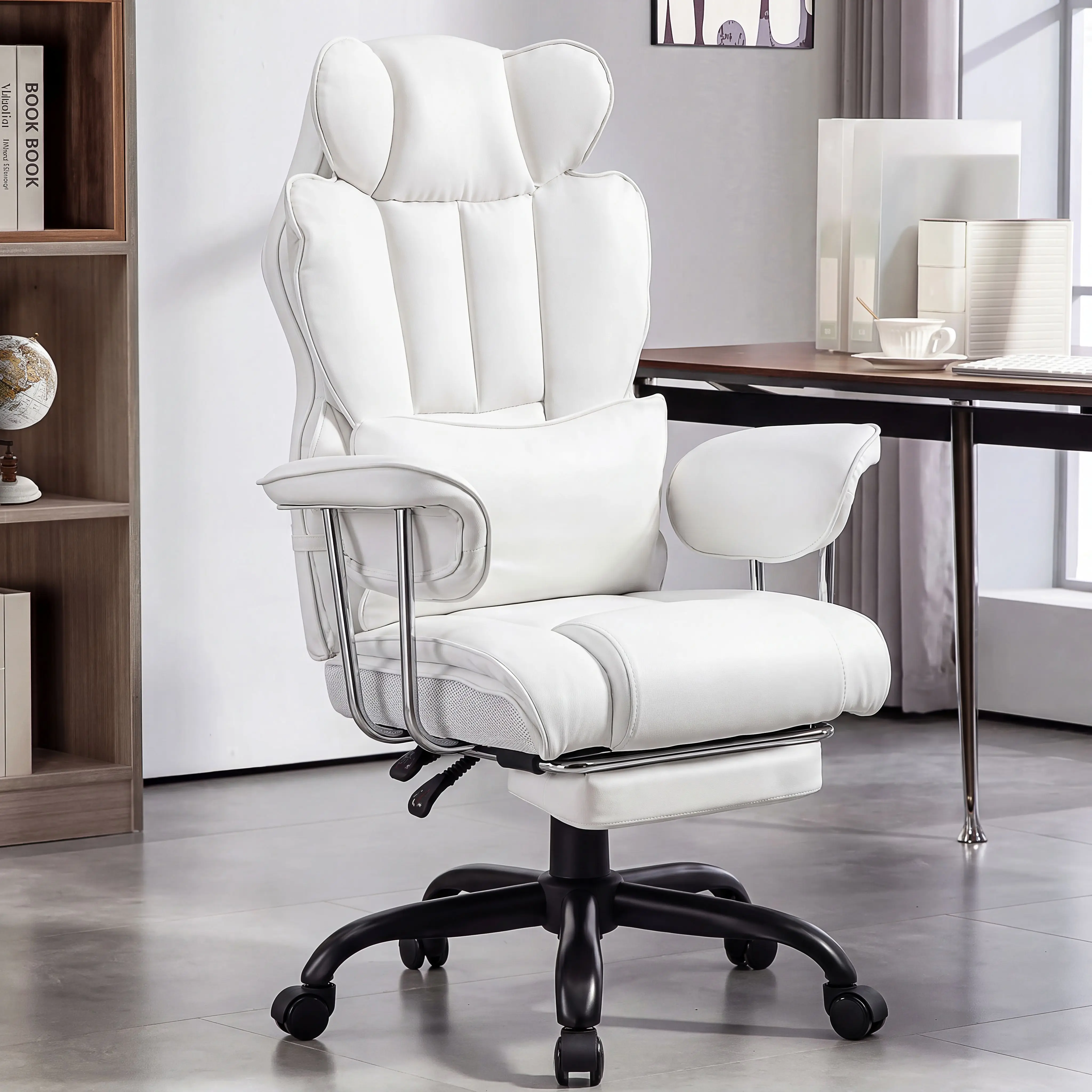 Heavy Duty High Back Ergonomic Computer Recliner,PU Leather Big Tall Executive Desk Office Chair with Armrests/Footrest, Comfy Heavy Duty Swivel Study Chairs, Adjustable Home Office White Work Chair