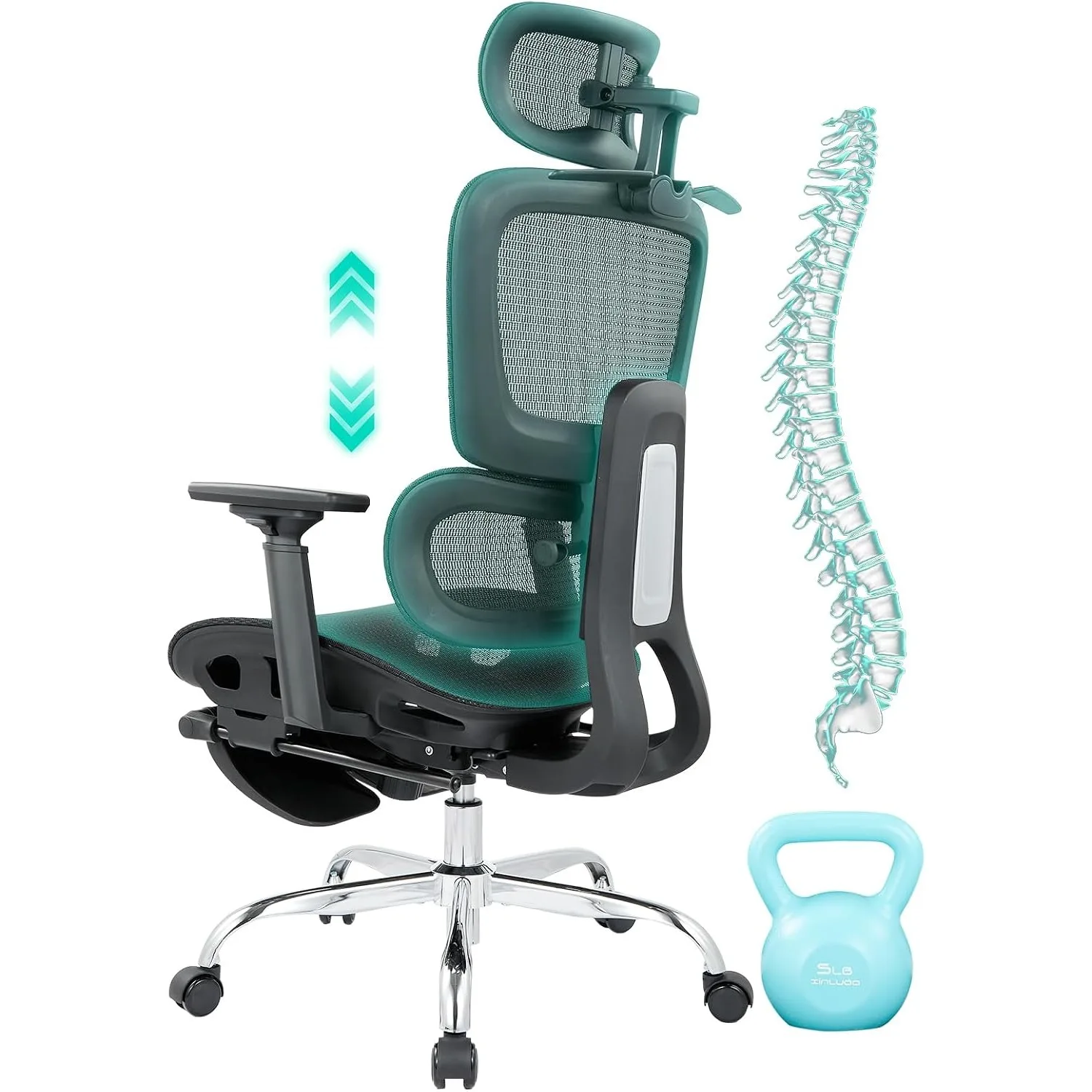 Office Chair Ergonomic High Back Mesh with Dual Backrest 4D Armrests 3D Headrest Lumbar Support Footrest 135° Recline Silent Swivel Casters Black for Home Office Gaming