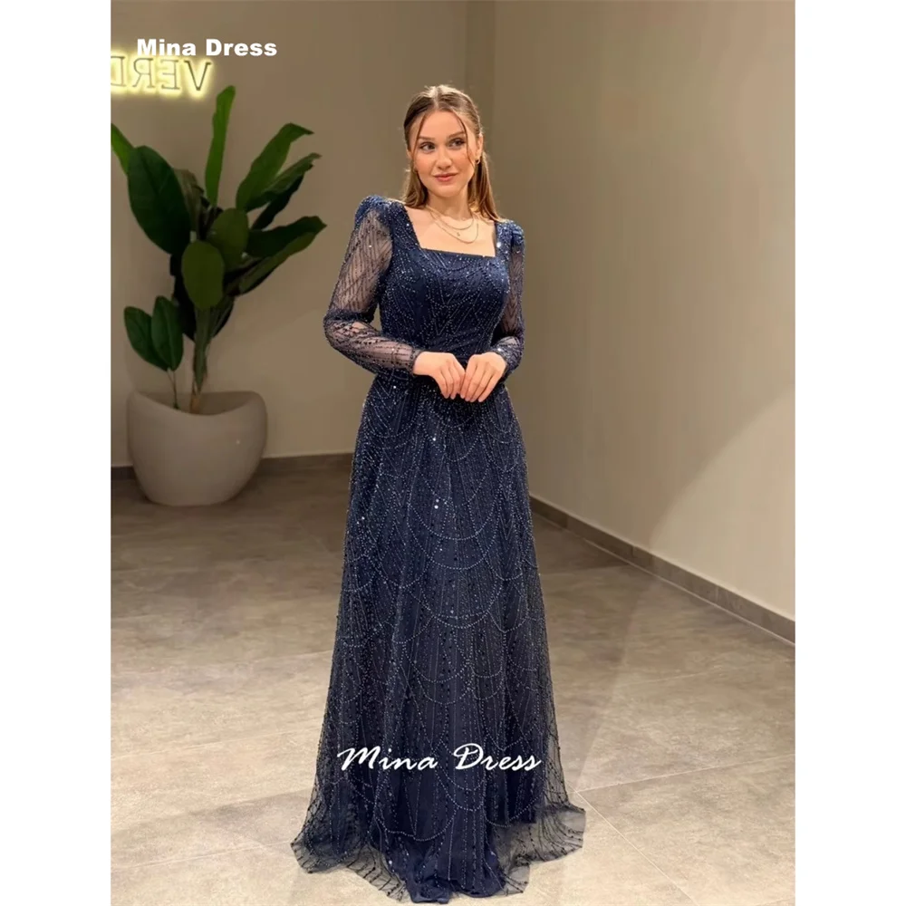 Mina Customized Navy Beaded Sequin Square Neck Long Sleeve Backless A-Line Women's Wedding Party Attire Dresses Gala Prom Dress