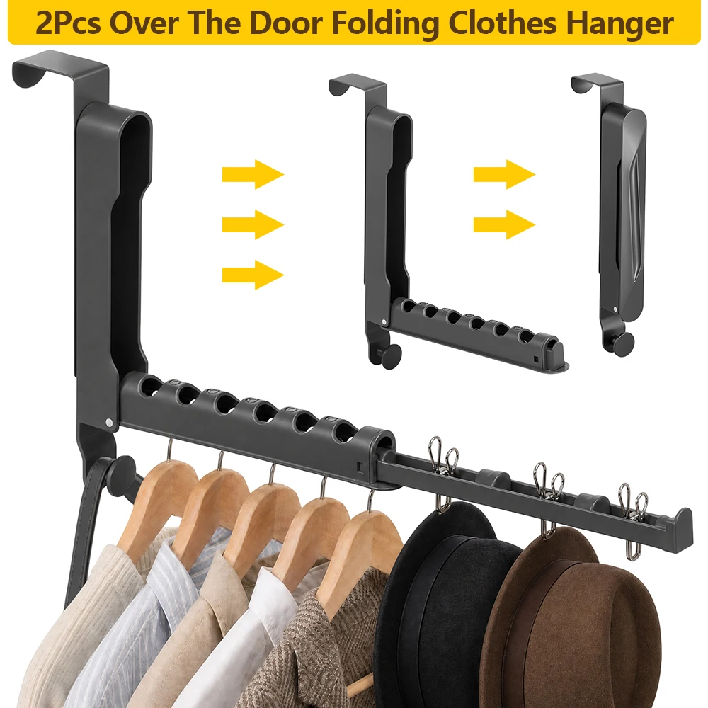 2Pcs Over The Door Folding Clothes Hanger Matel Hanging Clothes Drying Rack with Retractable Design Portable Travel Clothes Rack