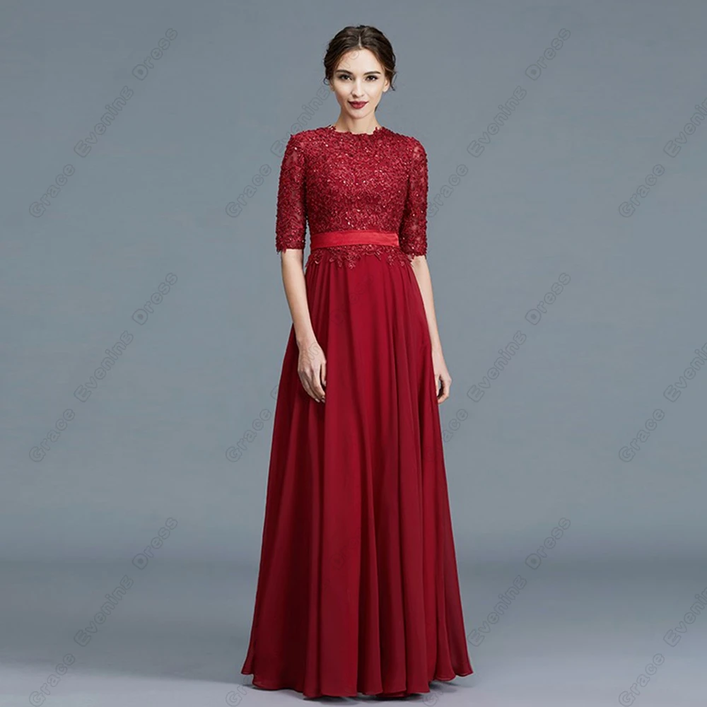 Burgundy Half Sleeve Mother of Bride Dresses for Women Beach Chiffon Wedding Party Dresses with Belt 2025 Summer Robe De Soirée