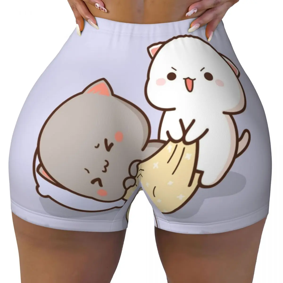 Custom Peach And Goma Mochi Cat Wake Up Biker Running Gym Shorts for Women Athletic Workout Yoga Shorts