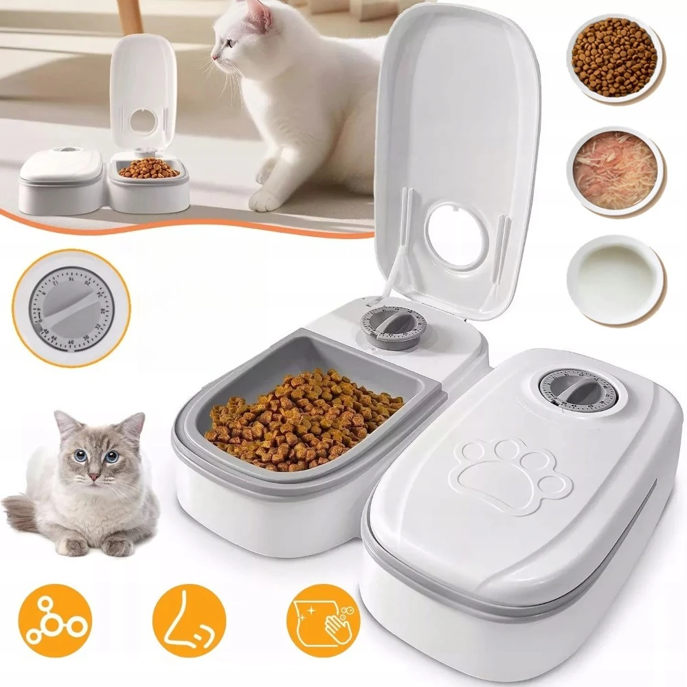 Distributeur automatique de nourriture pour 2 repas, distributeur de nourriture pour animaux de compagnie, pour chats et chiens, distributeur automatique de nourriture sèche et humide avec minuterie