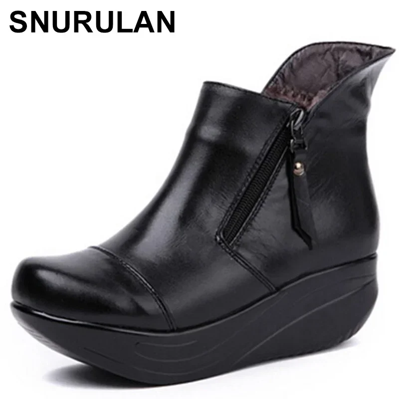 SNURULAN Vintage Zipper Frauen Stiefel Schwarz Echtes Leder Keile Swing Schuhe Warme Plüsch Winter Schuhe Runde Kappe Plattform Schuhe