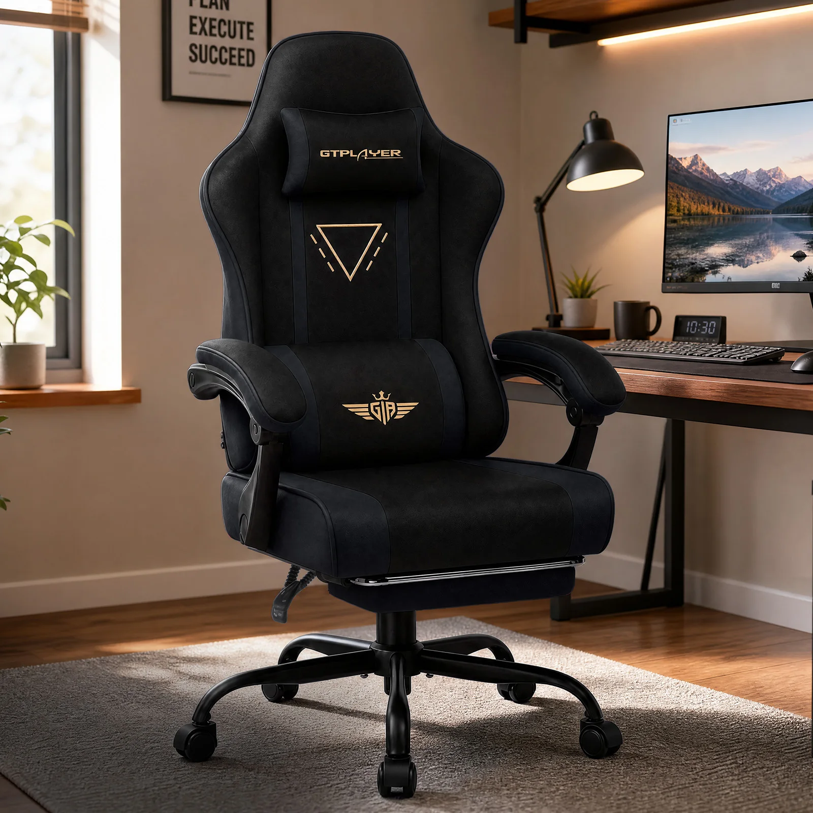 GTPLAYER Gaming Stuhl Ergonomischer Gaming Sessel Schreibtischstuhl mit Stoffoberfläche, Federsitzkissen, Verbindungsarmlehnen und Fußstütze 150KG