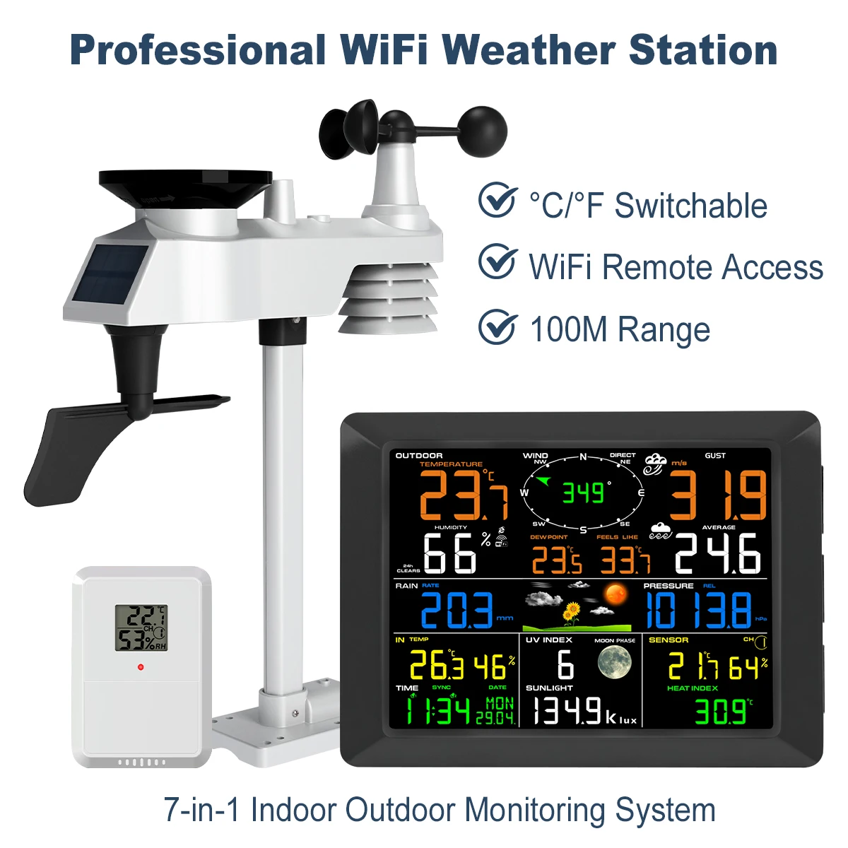 Station météo WiFi, thermomètre sans fil, pluviomètre, ventomètre, anémomètre, capteur de lumière UV, prévisions météo, alarme, capteur à 8 canaux.