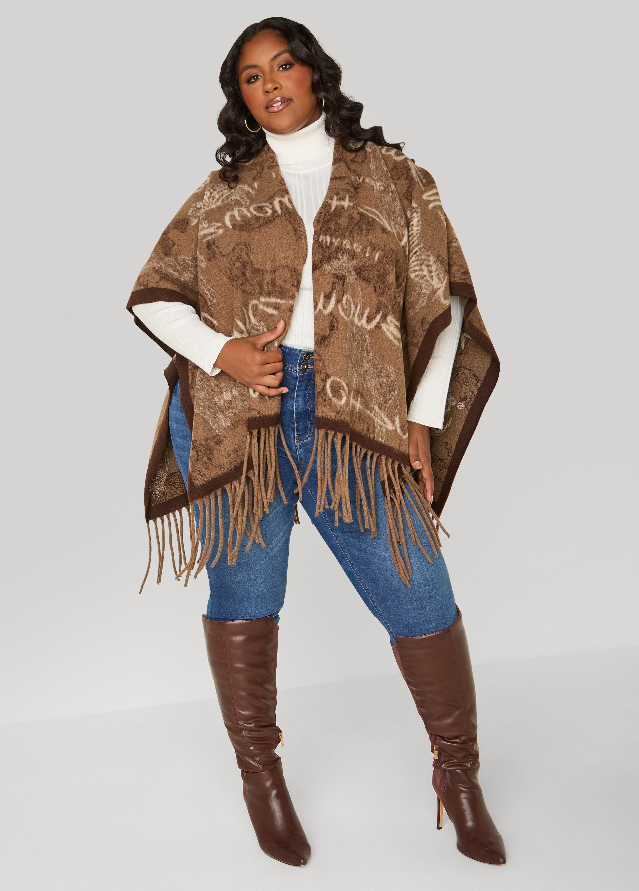 Plus Size Printed Intarsia Ruana