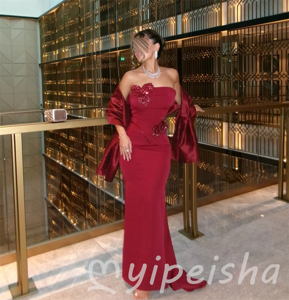 Red Sexy Matching Jersey Shawl Applique Beading Sequined Mermaid Strapless Women's Floor-Length For Birthday Party Dresses