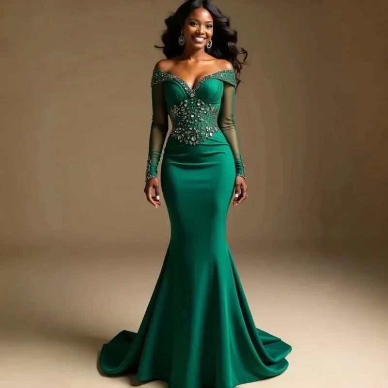 Customized Green Satin Mermaid Ruffle Sweep Train Evening Gown with Luxury Crystal Long Sleeve Off The Shoulder Prom Party Dress