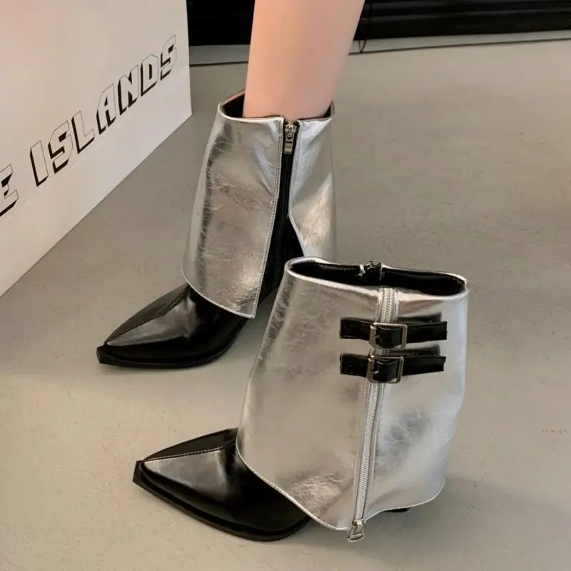 Mode Metall Schnalle Mix Farbe Stiefeletten Frauen 2025, Herbst Sexy Spitzschuh Mittlerer Absatz Moderne Stiefel Y2K Silber Designer Schuhe