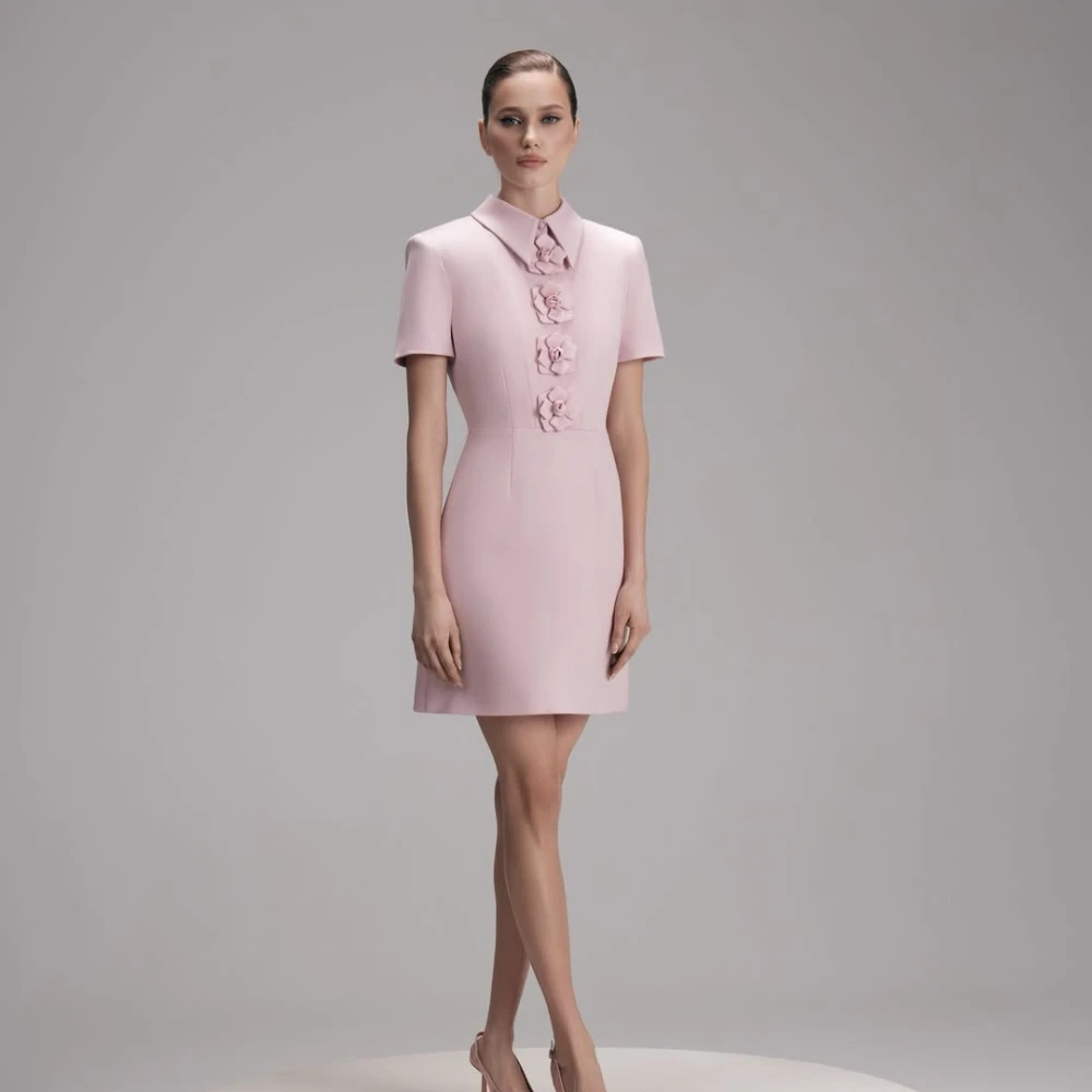 Pink Formal Cocktail Dress with Pointed Collar, Short Sleeves, Floral Appliqué and Tailored Mini Sheath Silhouette for Office