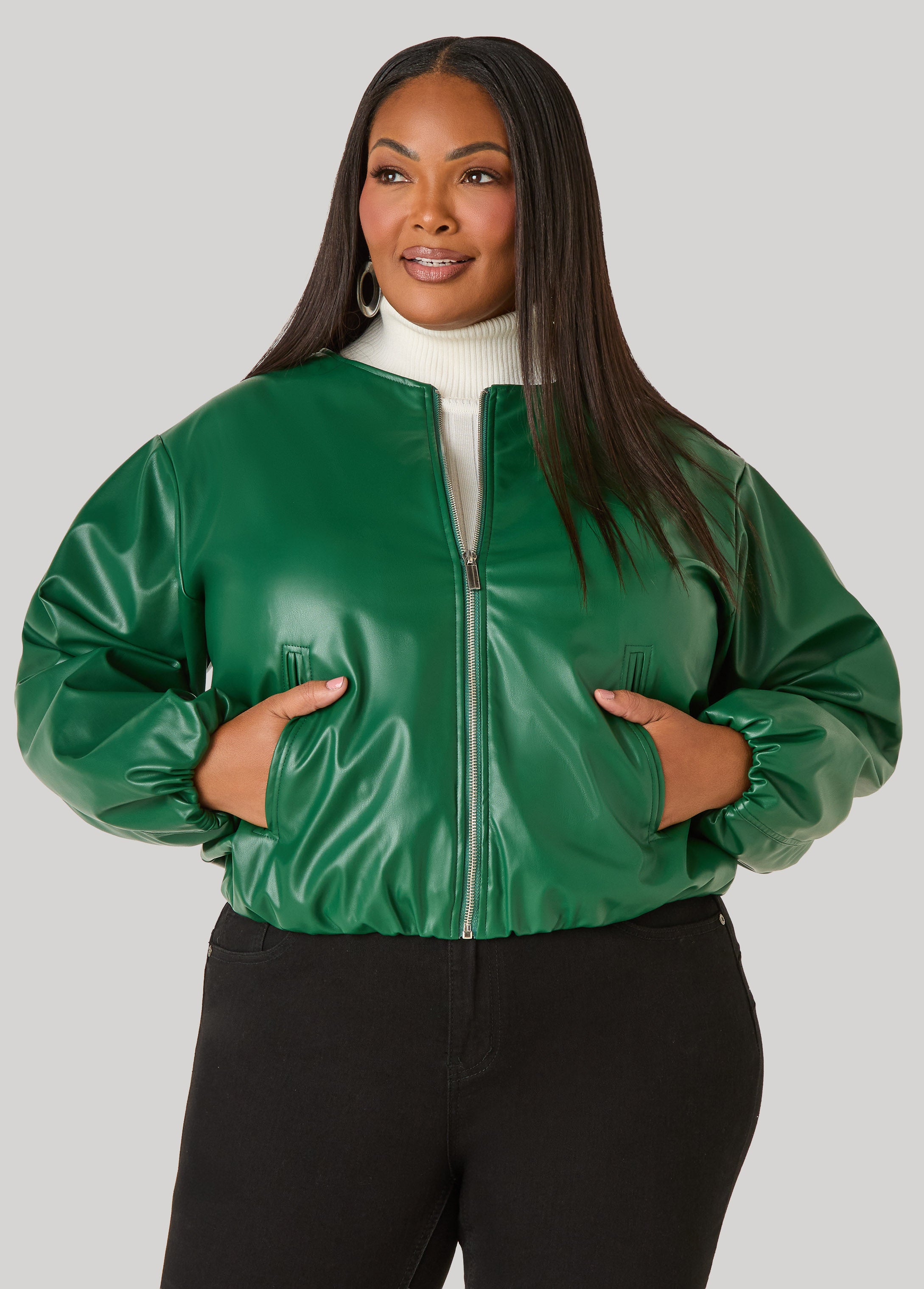 Plus Size Plus Size Faux Leather Bubble Jacket