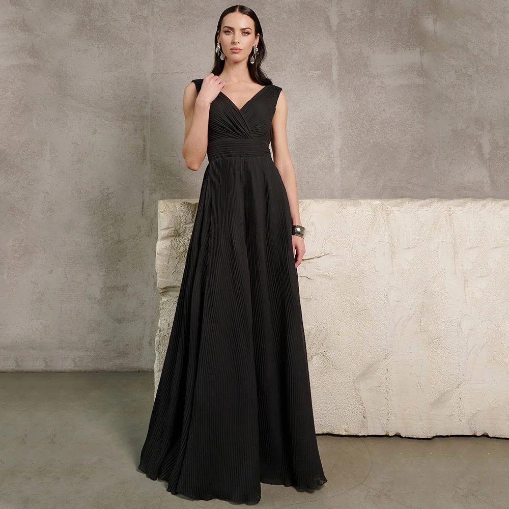 Saudi Black V-Neck Sleeveless Chiffon Wedding Dress Customized Formal Occasion Pleats A-Line Backless Floor Length Prom Dresses