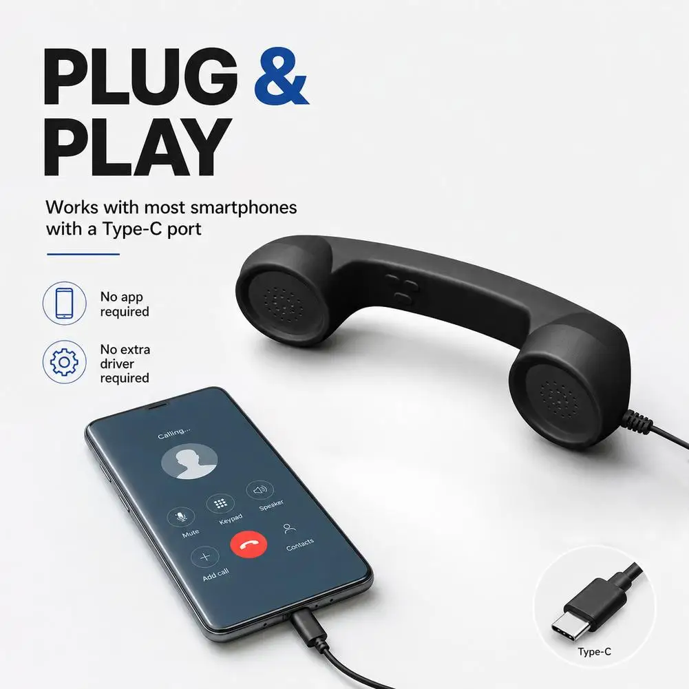 Type-C Retro Phone Telephone Receivers Retro Phone Handset Radiation Proof Handheld Phone Receiver for Mobile Phones