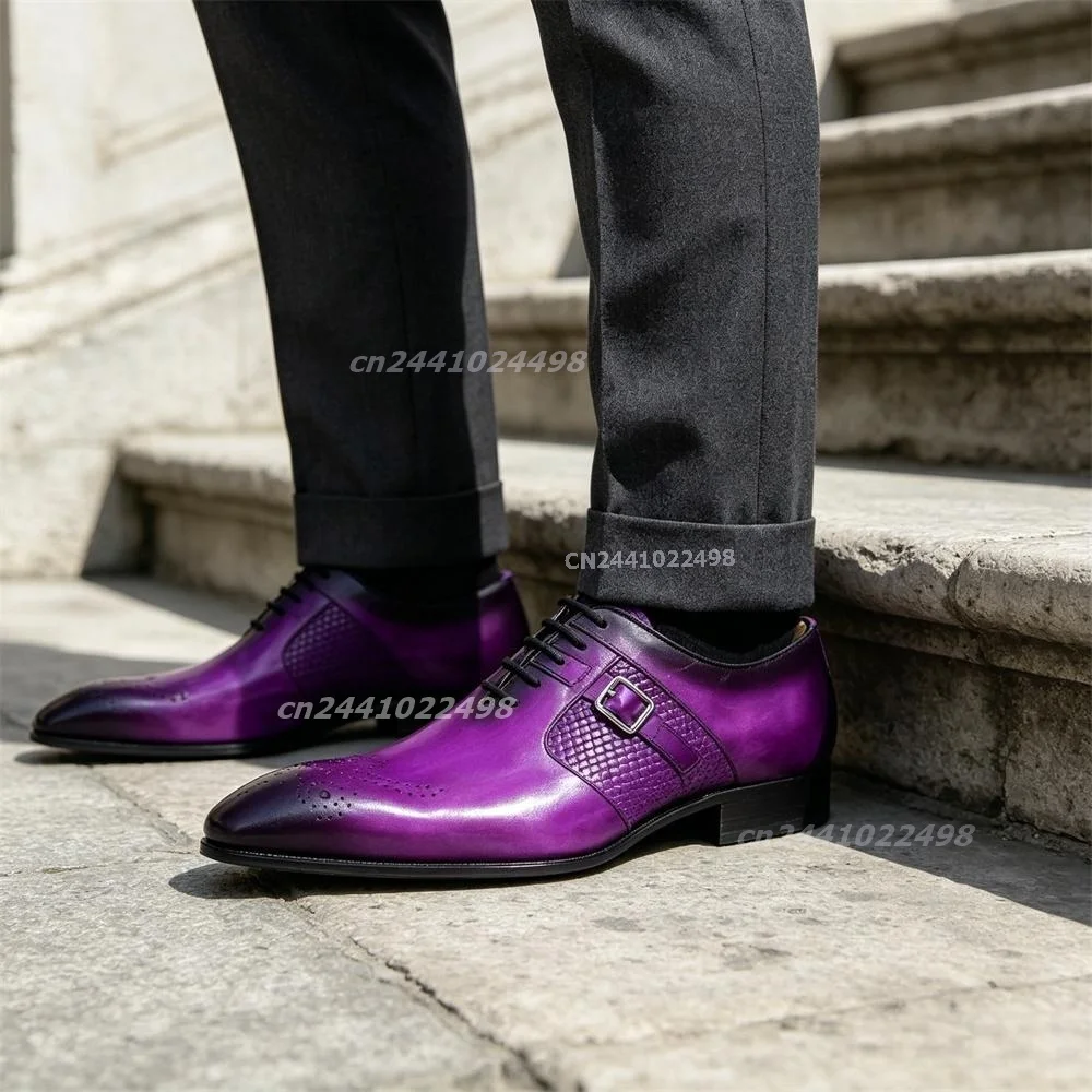 Modische Fuchsia-Lila & Schwarze Herrenschuhe Luxuriöse Spitze Schuhe mit Metallschnalle Wingtip Brogue Formelle Hochzeit Party Leder-Loafer