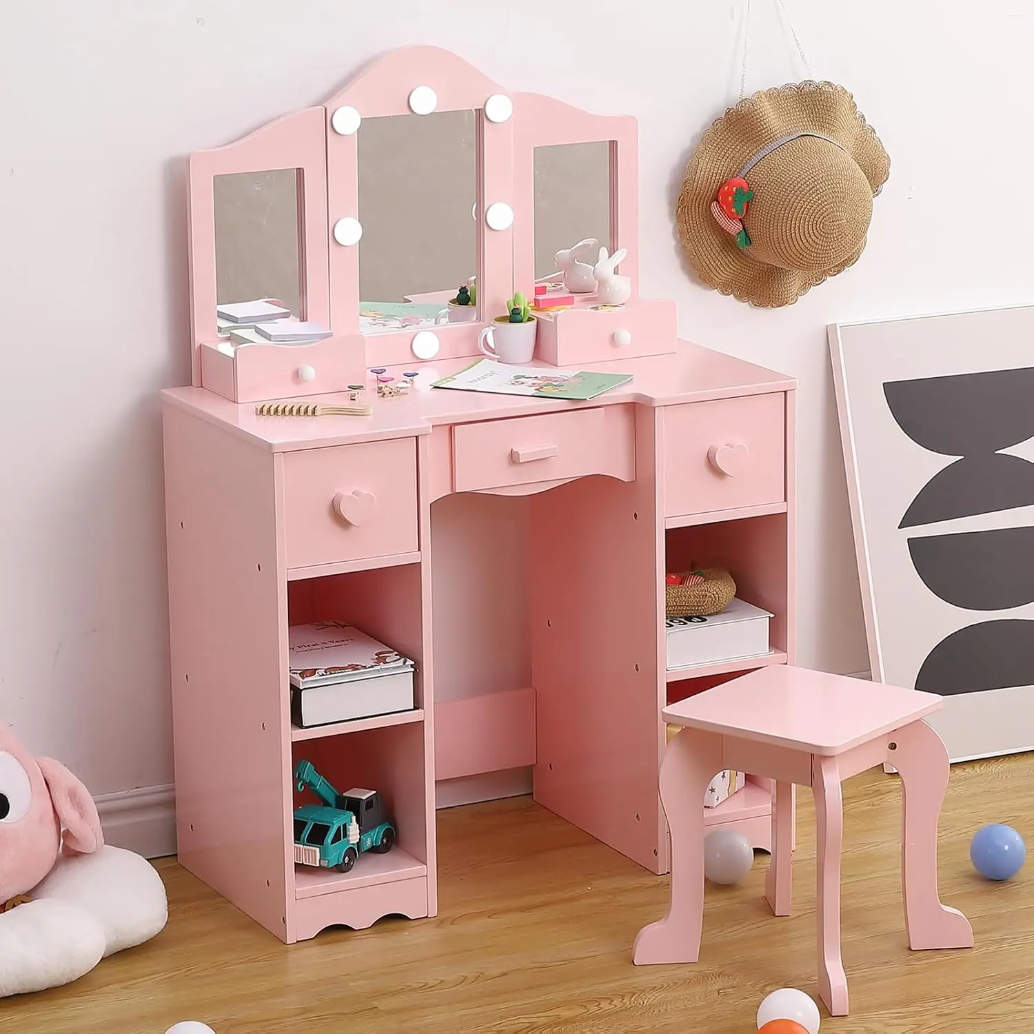 Kinder-Schminktisch-Set, 2-in-1-Holztisch mit Hocker, dreifach klappbarer Spiegel und Schubladen, Prinzessinnen-Schminktisch für Rollenspiele, Schminktisch für kleine Mädchen.