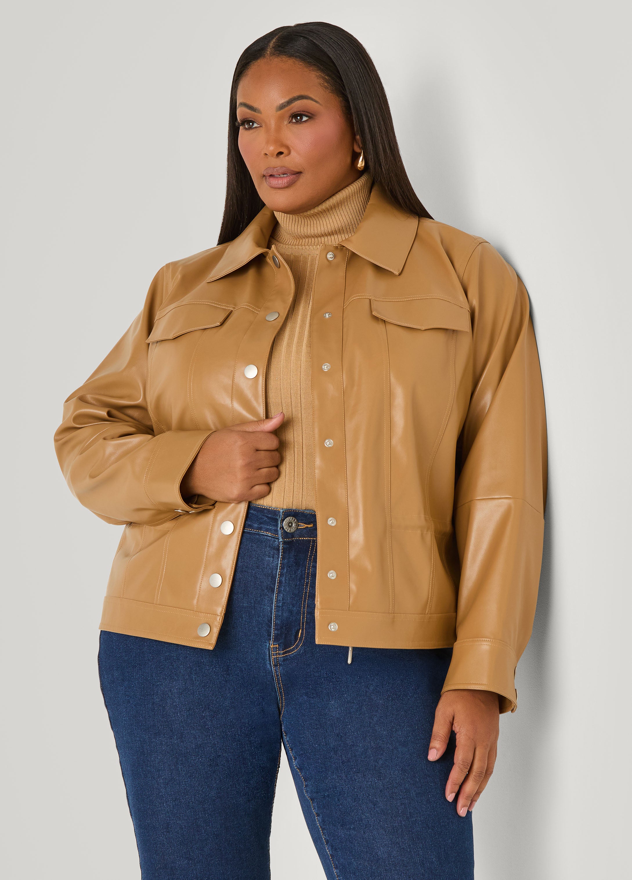 Plus Size Snap Front Faux Leather Jacket