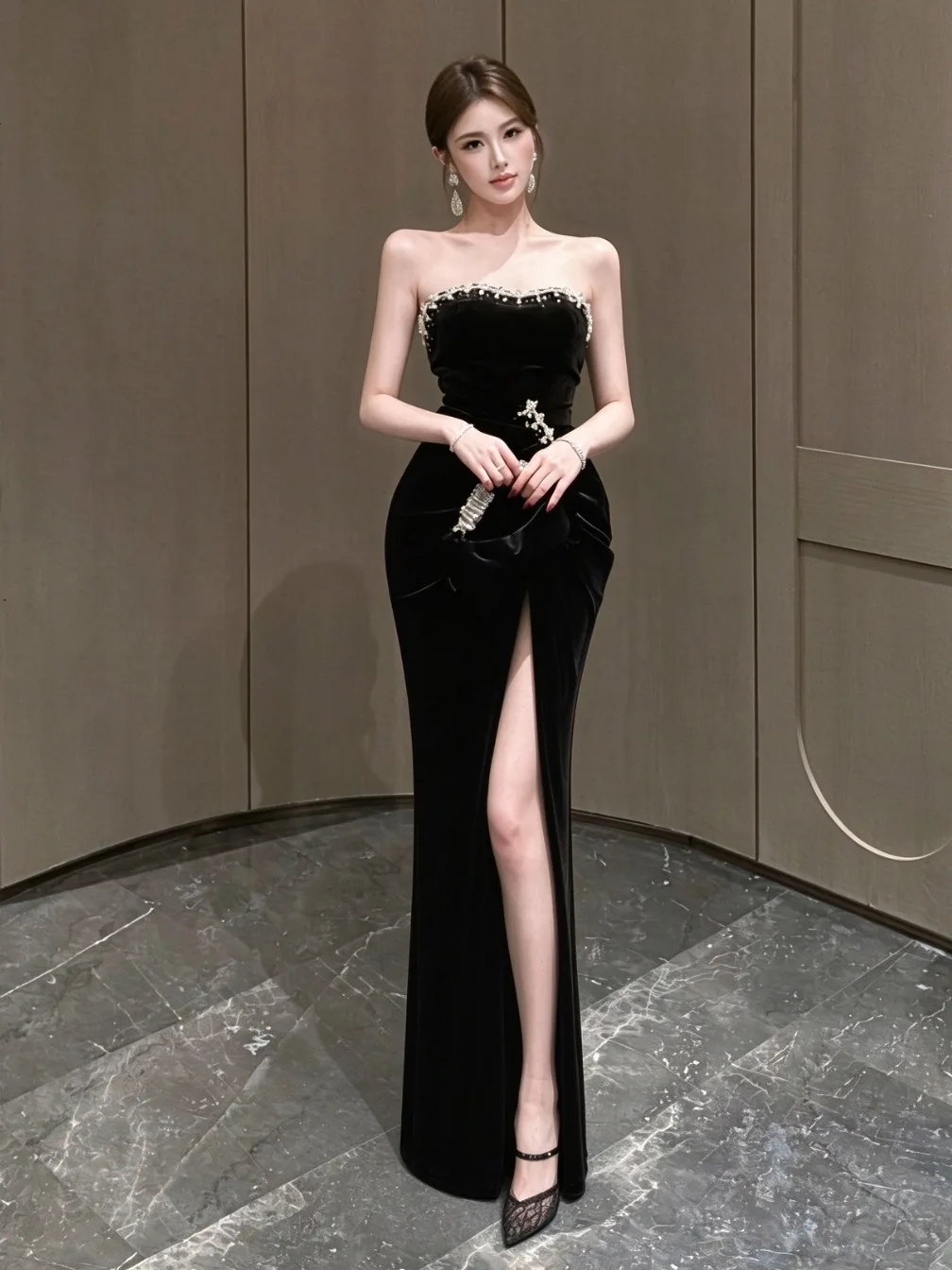 Velvet Fish Tail Gown Heavy Embellishment Slimming Long Split Side Evening Dress Elegant Wrap Chest Design High Waist