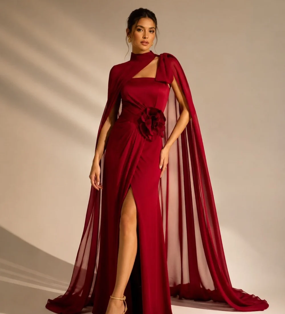 Customized Red Chinese Style Exquisite Pleat Handmade Flower Mermaid High Collar Floor-Length Evening Dresses For Birthday Party