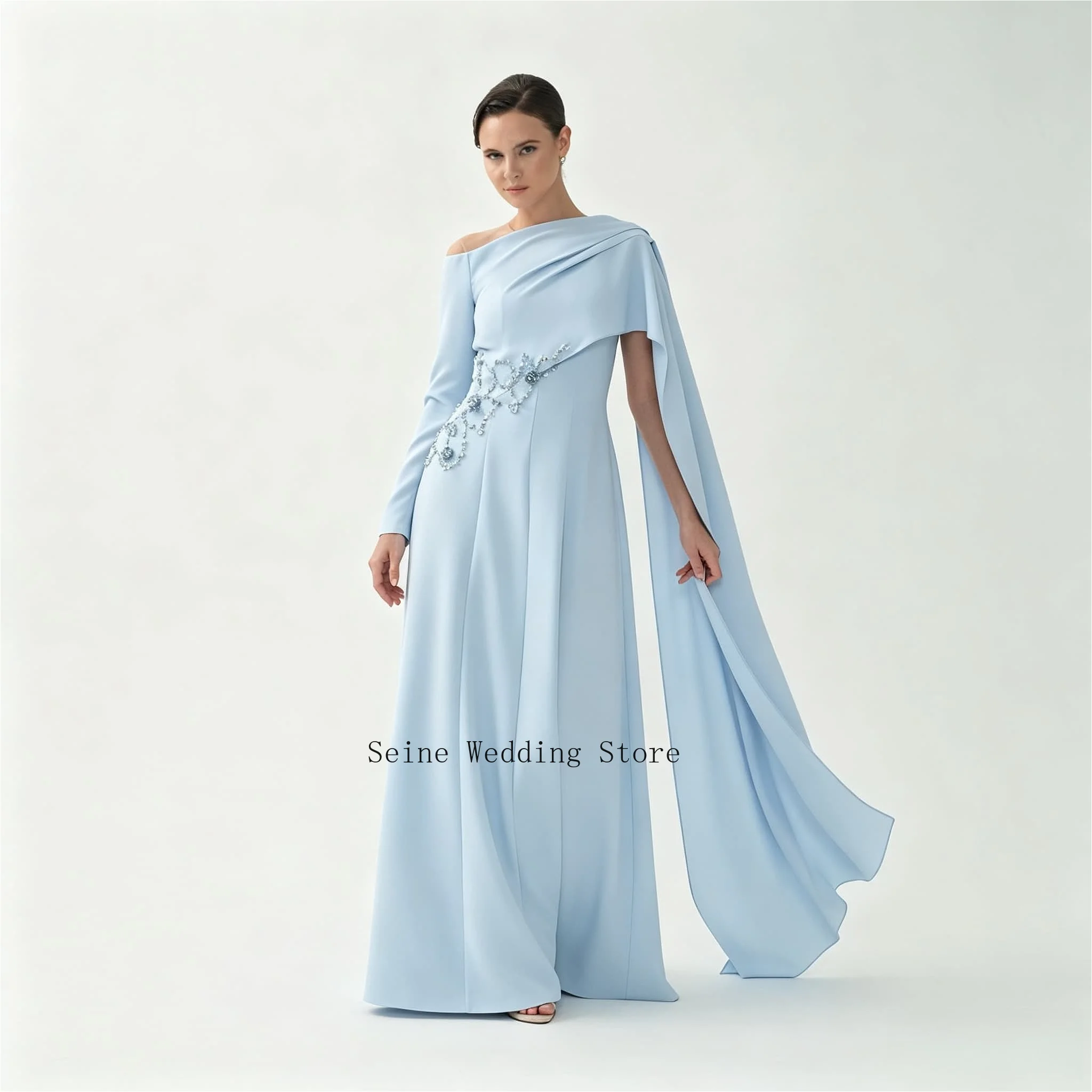 Customized Crepe Evening Dress with Pearl Beading One Shoulder Cape Long Sleeve A Line Wedding Party Formal Gown Prom Dresses