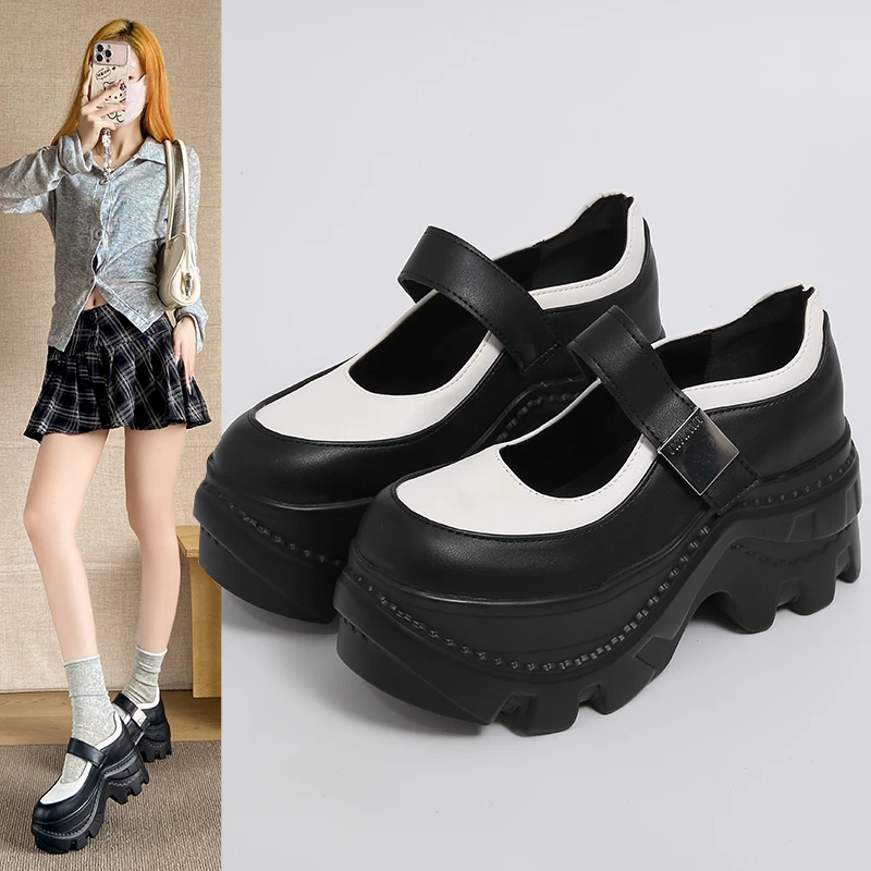 Damen Schwarz-Weiß Patchwork Mary Jane Schuhe mit Klobiger Plateausohle Metallschnalle Vintage Gothic Alltags-Gehschuhe für Damen