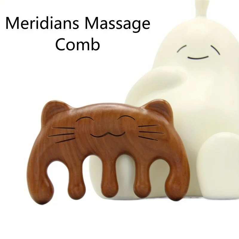 1 Tragbarer, katzenförmiger Sandelholz-Meridian-Massagekamm, Sandelholzkamm mit breiten Zinken, zur Kopfhautmassage, Meridian- und Akupunkturpunkt-Behandlung
