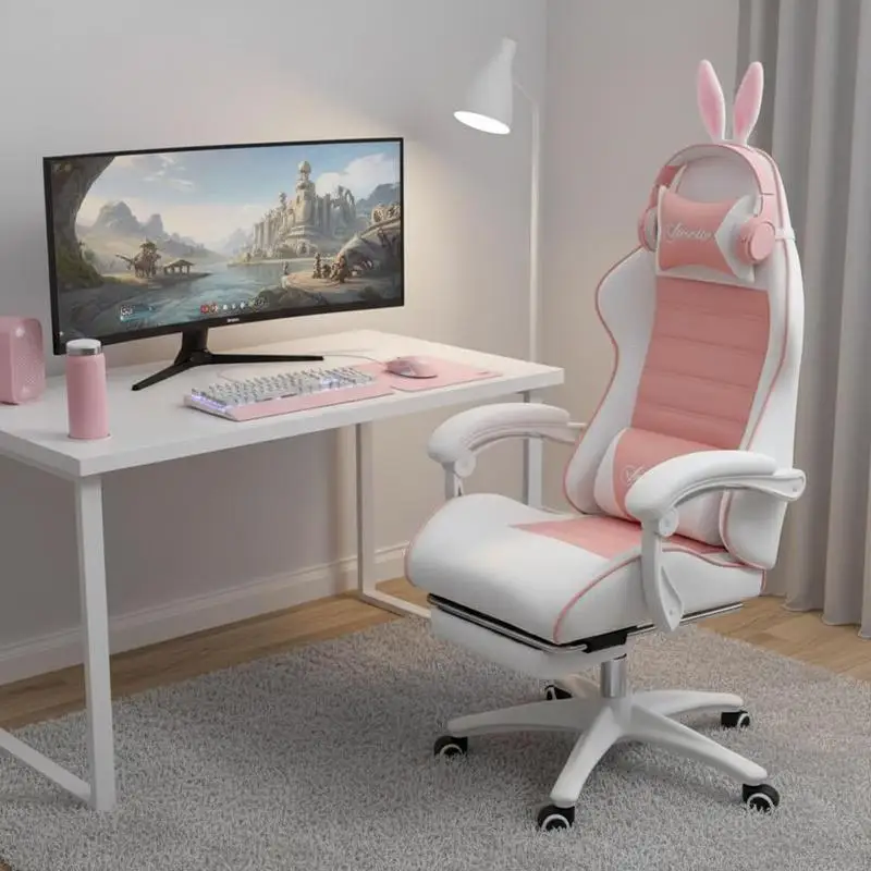 Gaming-Stuhl, ergonomischer Gamer-Stuhl mit Lendenwirbelstütze, Fußstütze, Gaming-Sessel mit Hasenohren, Kopfstütze, höhenverstellbarer Bürostuhl mit verstellbarer Liegefunktion, Pink