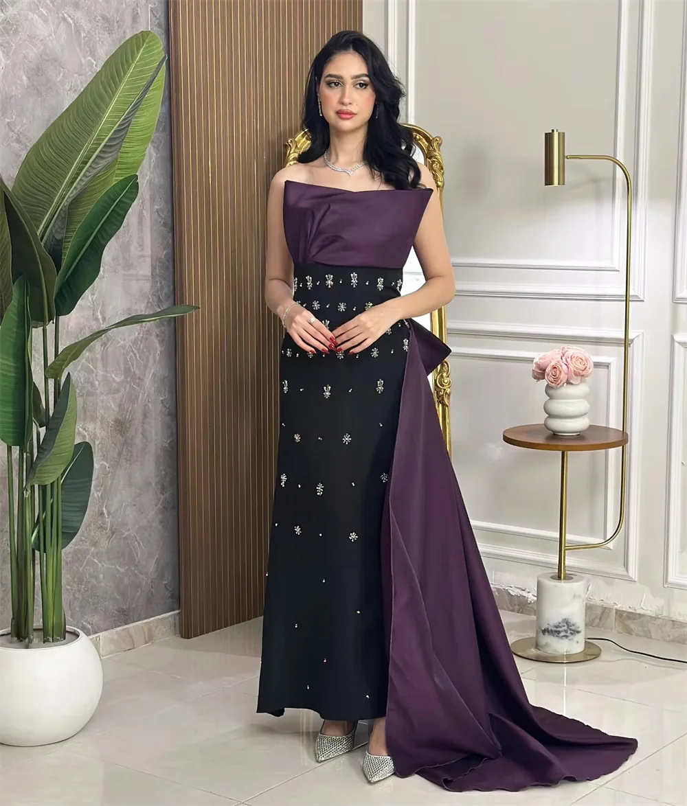 Black Purple Beaded Long Bespoke Occasion Gown Evening Dresses Pastrol Unisex Jersey Retro Dubai Saudi Arabic Prom Customized