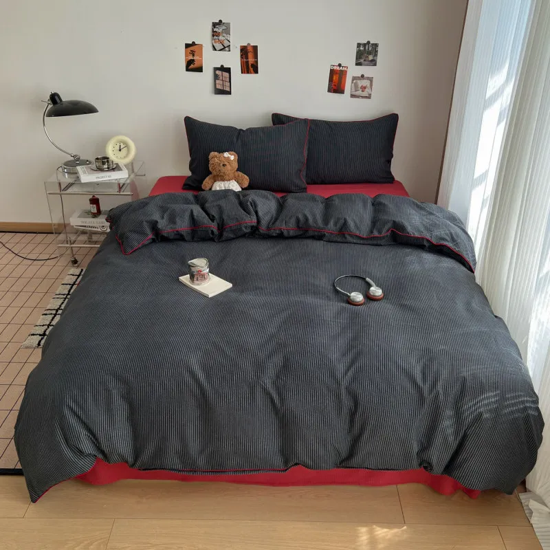 Parures de lit en coton double gaze 2026, rayées et froissées, comprenant housse de couette, drap plat, taies d