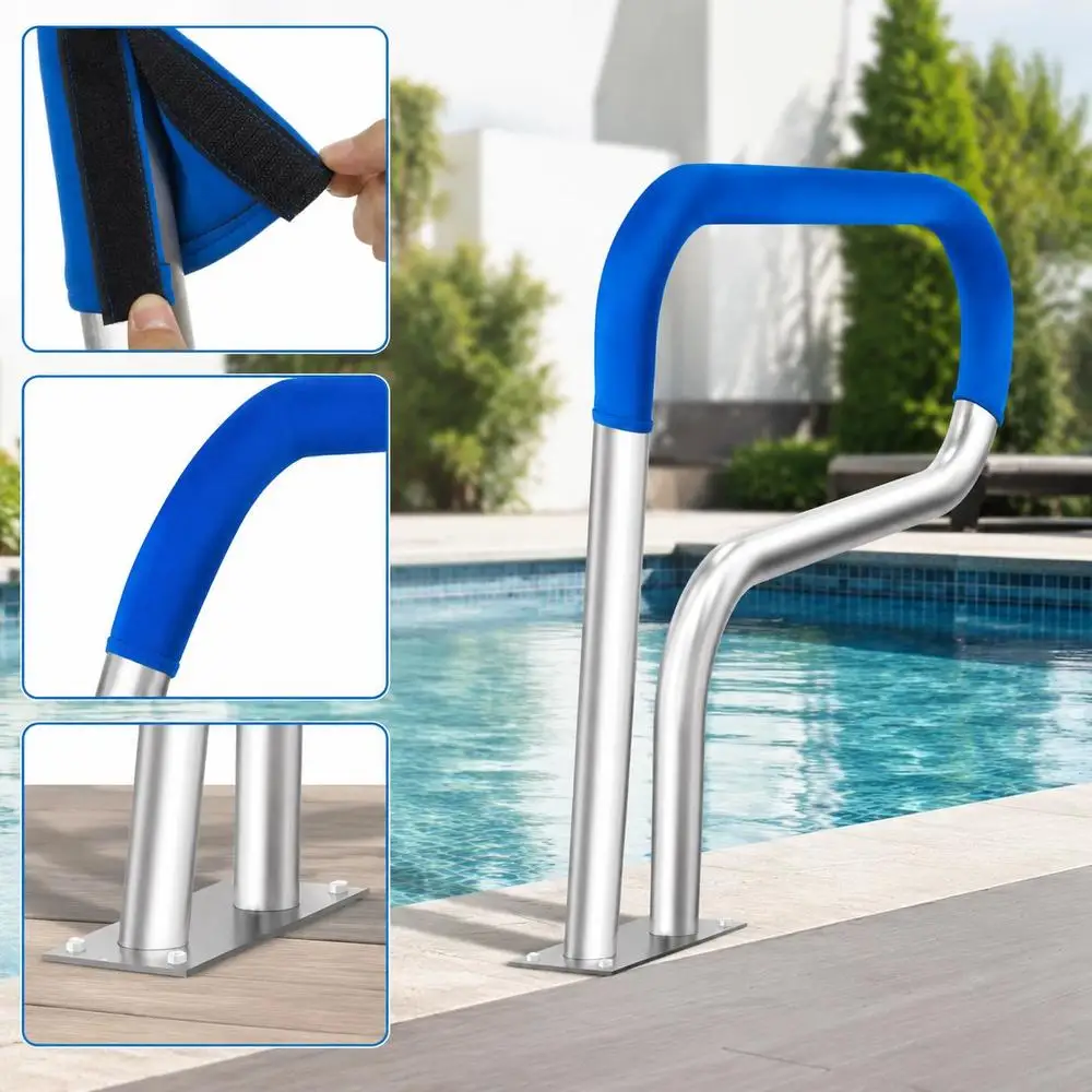 Rampe de piscine, 805 x 100 x 585 mm, entrée de piscine en acier inoxydable avec plaque de base pour piscines intérieures et extérieures, aide à l'entrée pour piscines, poignée de maintien antirouille