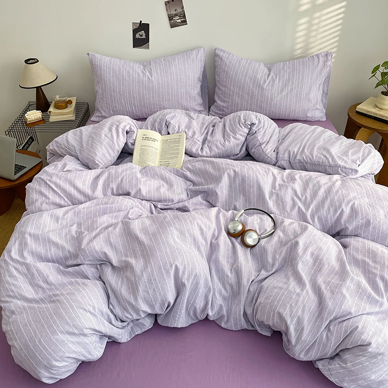 Ensemble de literie à rayures violettes, ensembles de draps multicolores, taille simple/queen, literie douce de couleur unie, ensemble de literie avec couette.