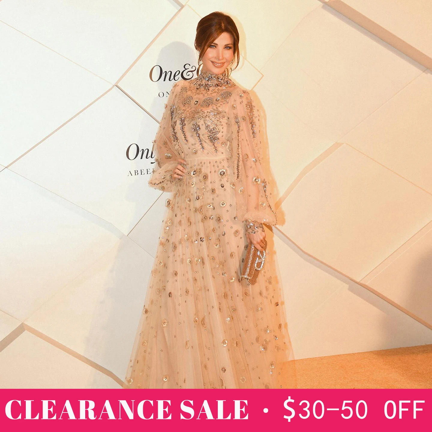 Sharon Said Champagne High Neck Beaded Tulle Evening Dresses Long Sleeve A-Line Floor-Length Formal Party Gowns SS223 Customized