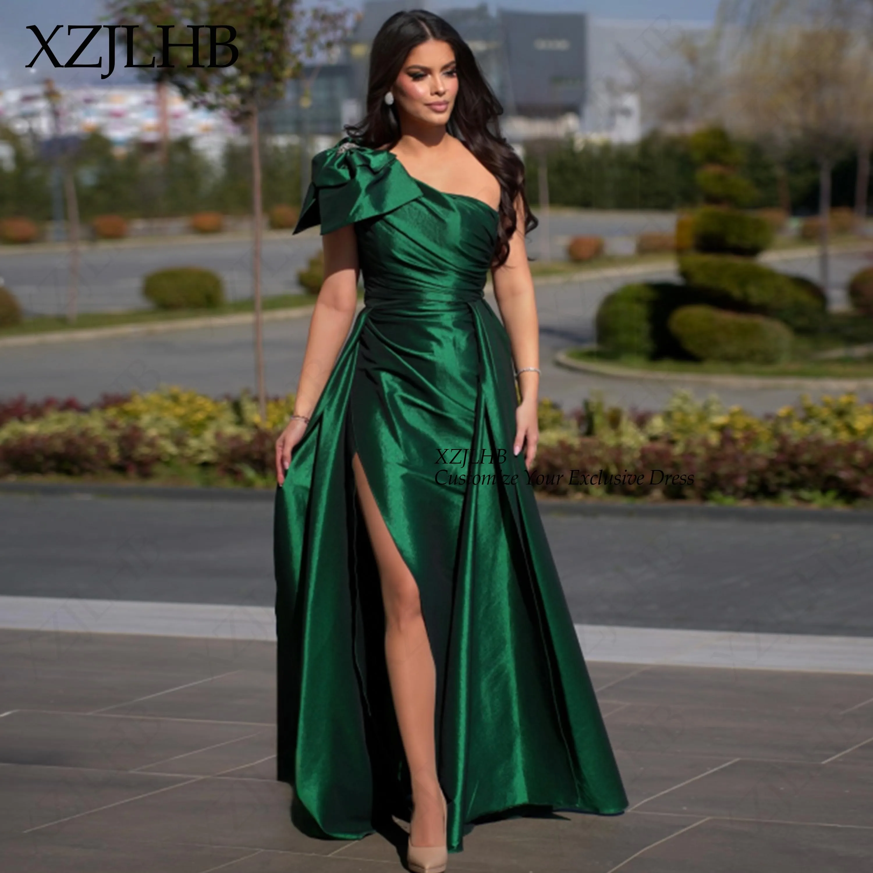 XZJLHB Satin Evening Dress Bow One-Shoulder Pageant Dress High Side Slit Pleated Backless Red Carpet Gowns 2026 Custom Made